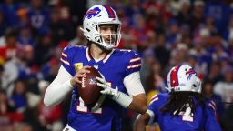 Buffalo Bills quarterback Josh Allen drops back to pass during the second half of an NFL football game against the Kansas City Chiefs Sunday, Nov. 17, 2024, in Orchard Park, N.Y. (AP Photo/Jeffrey T. Barnes)