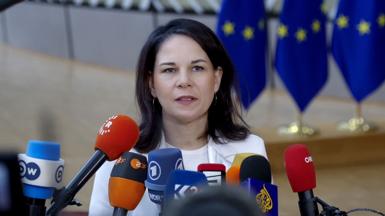 German Foreign Minister Annalena Baerbock speaks to the media in Brussels, Belgium, on November 18.