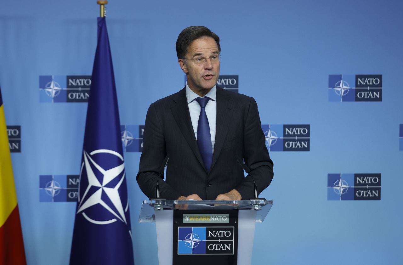 NATO Secretary General Mark Rutte delivers a statement during a joint press conference at NATO headquarters in Brussels, Belgium, on November 18.