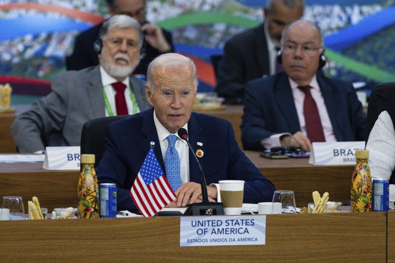 President Joe Biden speaks during the G20 Summit at the Museum of Modern Art in Rio de Janeiro on Monday.