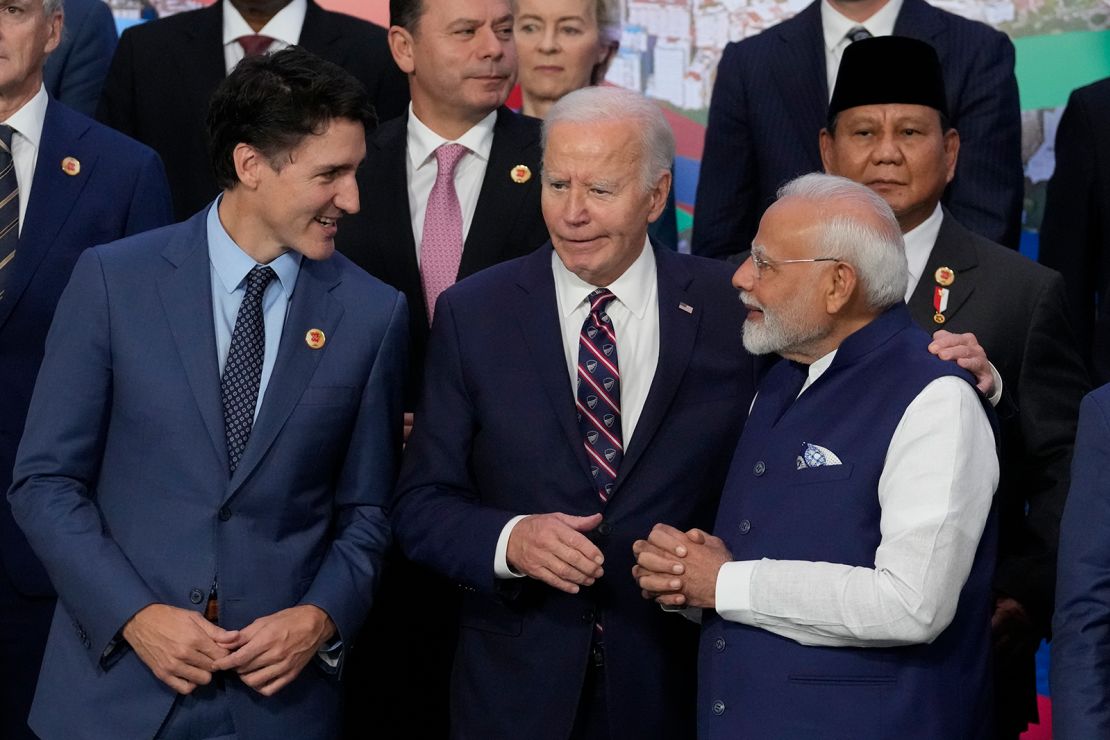 Canada's Prime Minister Justin Trudeau, from left, US President Joe Biden and India's Prime Minister Narendra Modi gather for the G20 Summit world leaders' group photo, in Rio de Janeiro, Brazil on November 19, 2024.