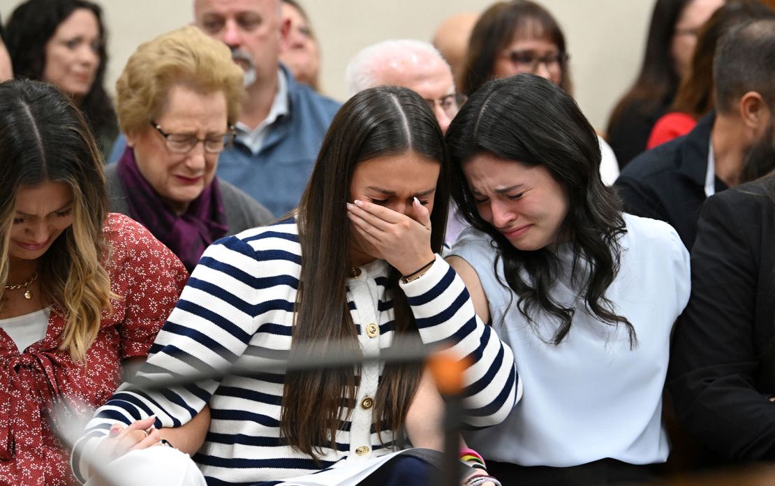 From left, Connolly Huth, roommate of Laken Riley, Lauren Phillips, sister of Laken Riley, and Sofia Magana, roommate of Laken Riley, react as Superior Court Judge H. Patrick Haggard announces the verdict on Wednesday.