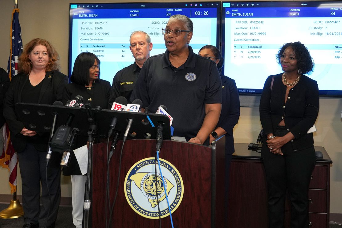 The South Carolina Department of Probation, Parole and Pardon Services Public Information Director Anita Dantzler speaks during a news conference after a parole hearing for Susan Smith on Wednesday.