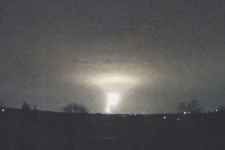 Lights are seen in the sky during a Russian attack on Dnipro, Ukraine, on November 21, 2024