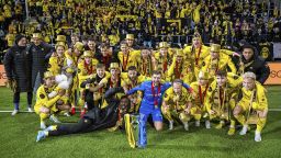 241201 Patrick Berg, Sondre Brunstad Fet, Fredrik Sjøvold, Jostein Gundersen, Philip Zinckernagel, Nikita Haikin, August Mikkelsen, Jens Petter Hauge, Ulrik Saltnes, Kasper Høgh, Håkon Evjen and Sondre Auklend of Bodø/Glimt celebrates with the trophy after the Eliteserien match between Bodø/Glimt and Lillestrøm on December 1, 2024 in Bodø. Photo: Marius Simensen / BILDBYRÅN / COP 238 / MM0036 bbeng bodø/glimt eliteserien football fotball fotboll jubel lillestrøm soccer (Photo by MARIUS SIMENSEN/Bildbyran/Sipa USA)(Sipa via AP Images)