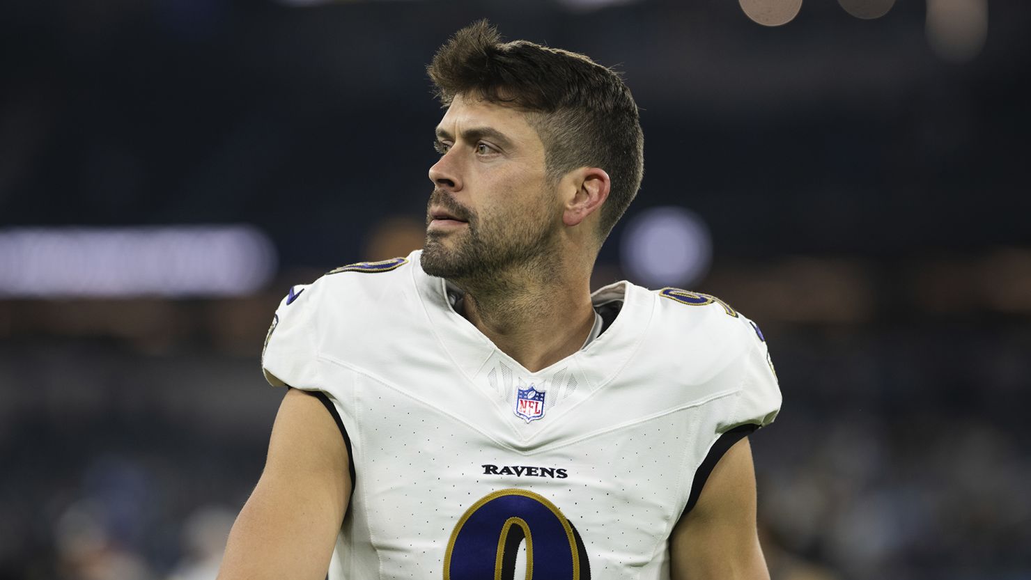 Justin Tucker walks back to the locker room after the Baltimore Ravens' game against the Los Angeles Chargers on Monday, November 25, 2024.