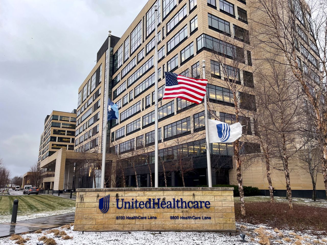 The UnitedHealthcare headquarters in Minnetonka, Minnesota, lowered its flags to half-staff on Wednesday, December 4, in honor of CEO Brian Thompson.