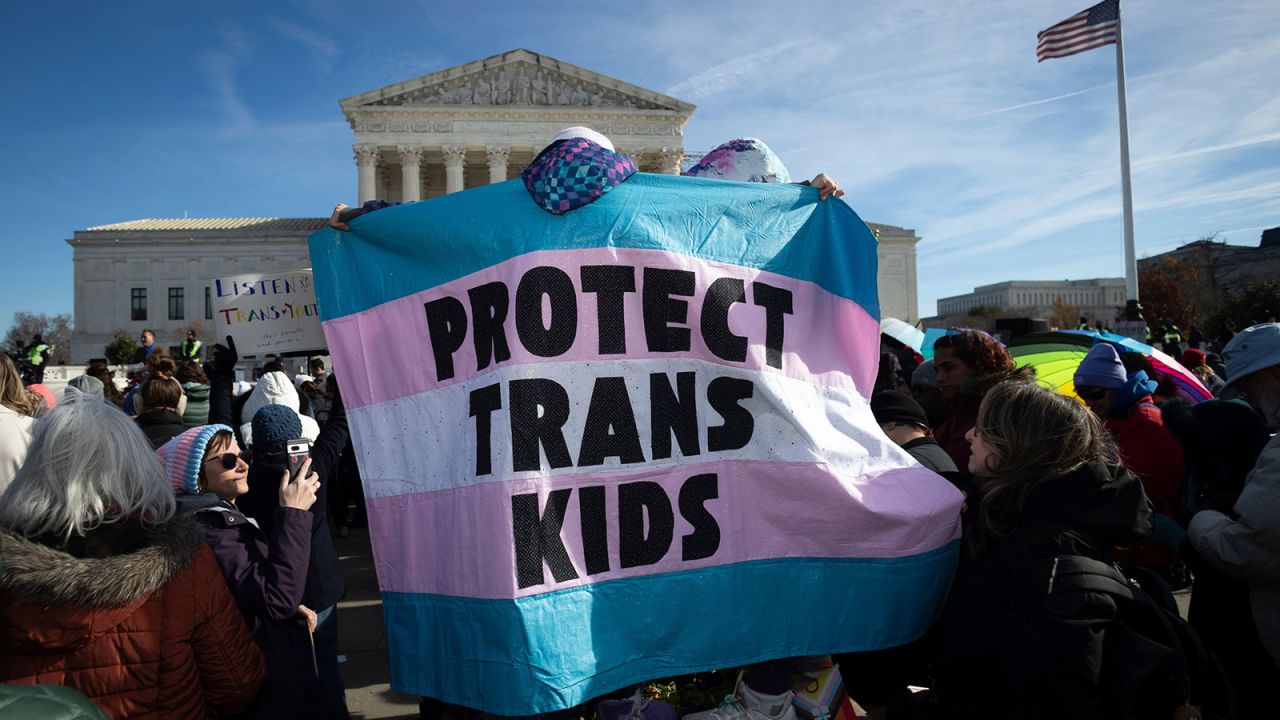 People demonstrate for gender-affirming care for transgender children in Washington, DC, on December 4, 2024. The Court is hearing oral arguments in the United States vs. Skirmetti, which challenges Tennessee's ban on transgender care for minors. The ruling could affect the 26 states that criminalize gender-affirming care for children. (Photo by Allison Bailey/NurPhoto via AP)