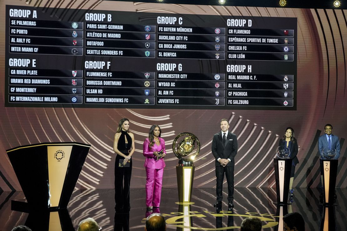 Presenter Samantha Johnson speaks on stage during the draw for the 2025 FIFA Club World Cup soccer tournament, Thursday, Dec. 5, 2024, in Miami. (AP Photo/Rebecca Blackwell)