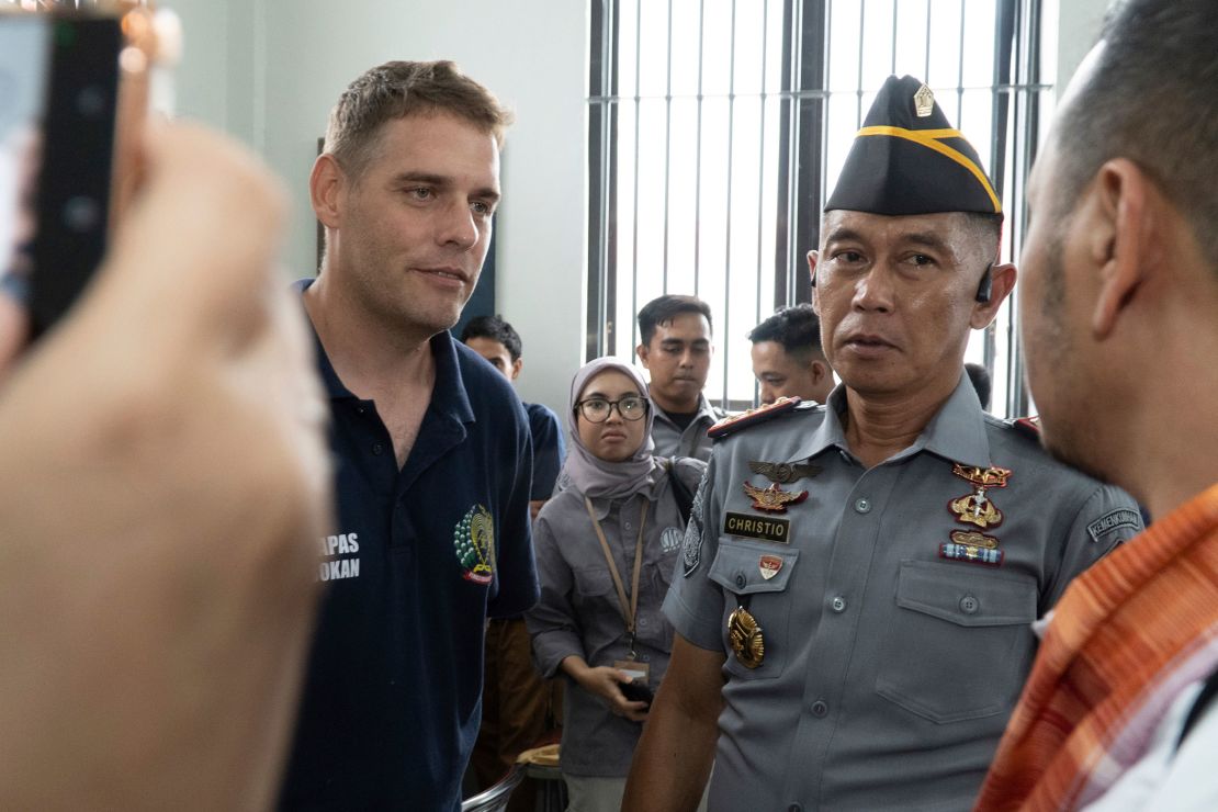 Matthew Norman (left) speaks with the Indonesian Representative Council at Kerobokan Prison in Bali, Indonesia, on December 6, 2024.