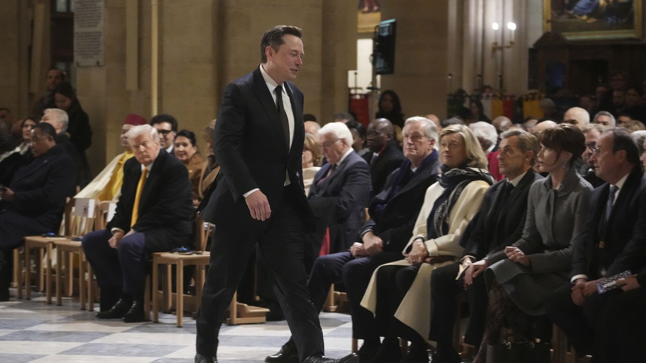 Elon Musk arrives in Notre Dame Cathedral as France's iconic cathedral is formally reopening its doors for the first time since a devastating fire nearly destroyed the 861-year-old landmark in 2019, Saturday, Dec. 7, 2024 in Paris.