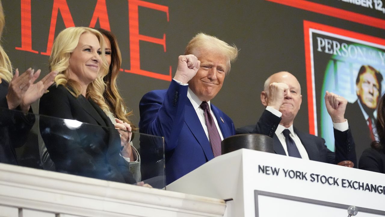 President-elect Donald Trump gestures after ringing the opening bell at the New York Stock Exchange, Thursday, Dec. 12, 2024, in New York.