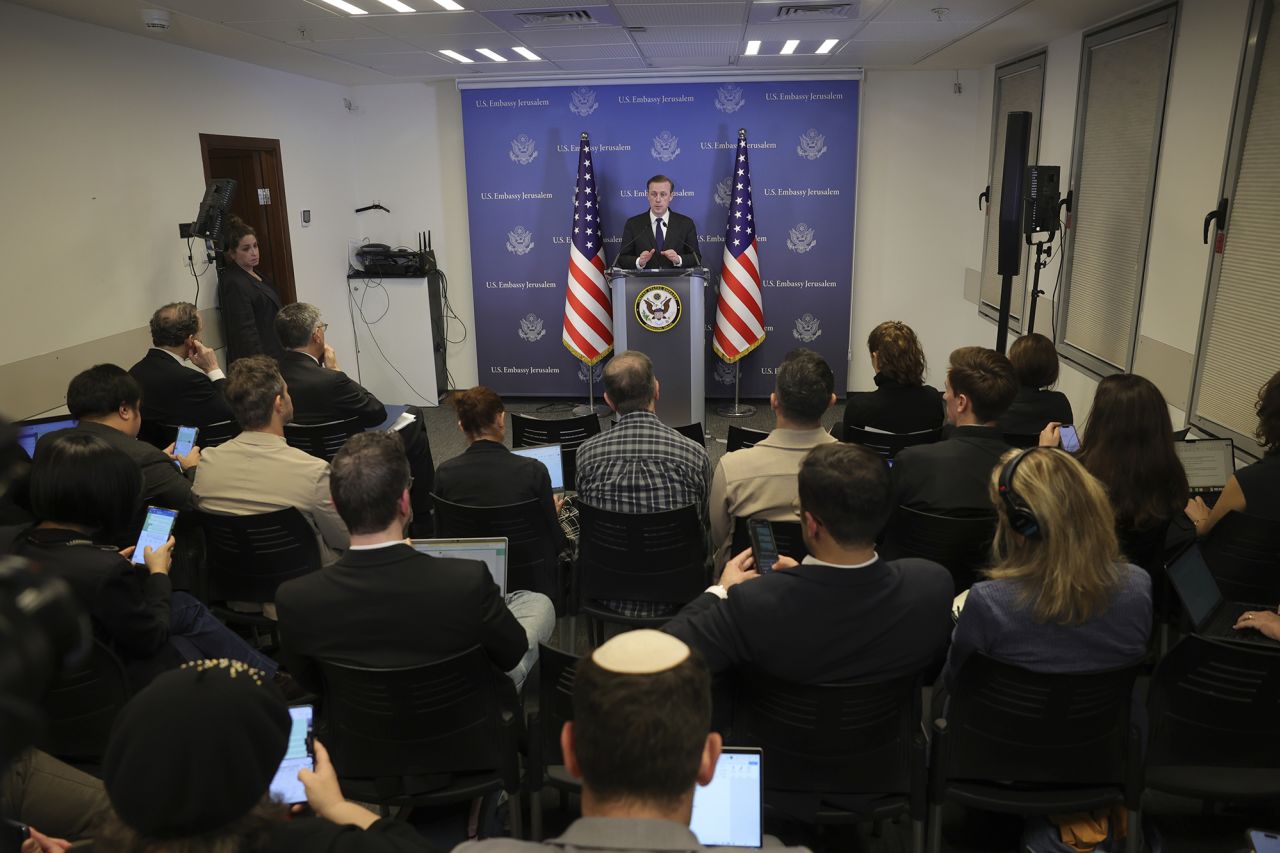 U.S National Security Advisor Jake Sullivan speaks during a news conference in Tel Aviv, Israel, on December 12.