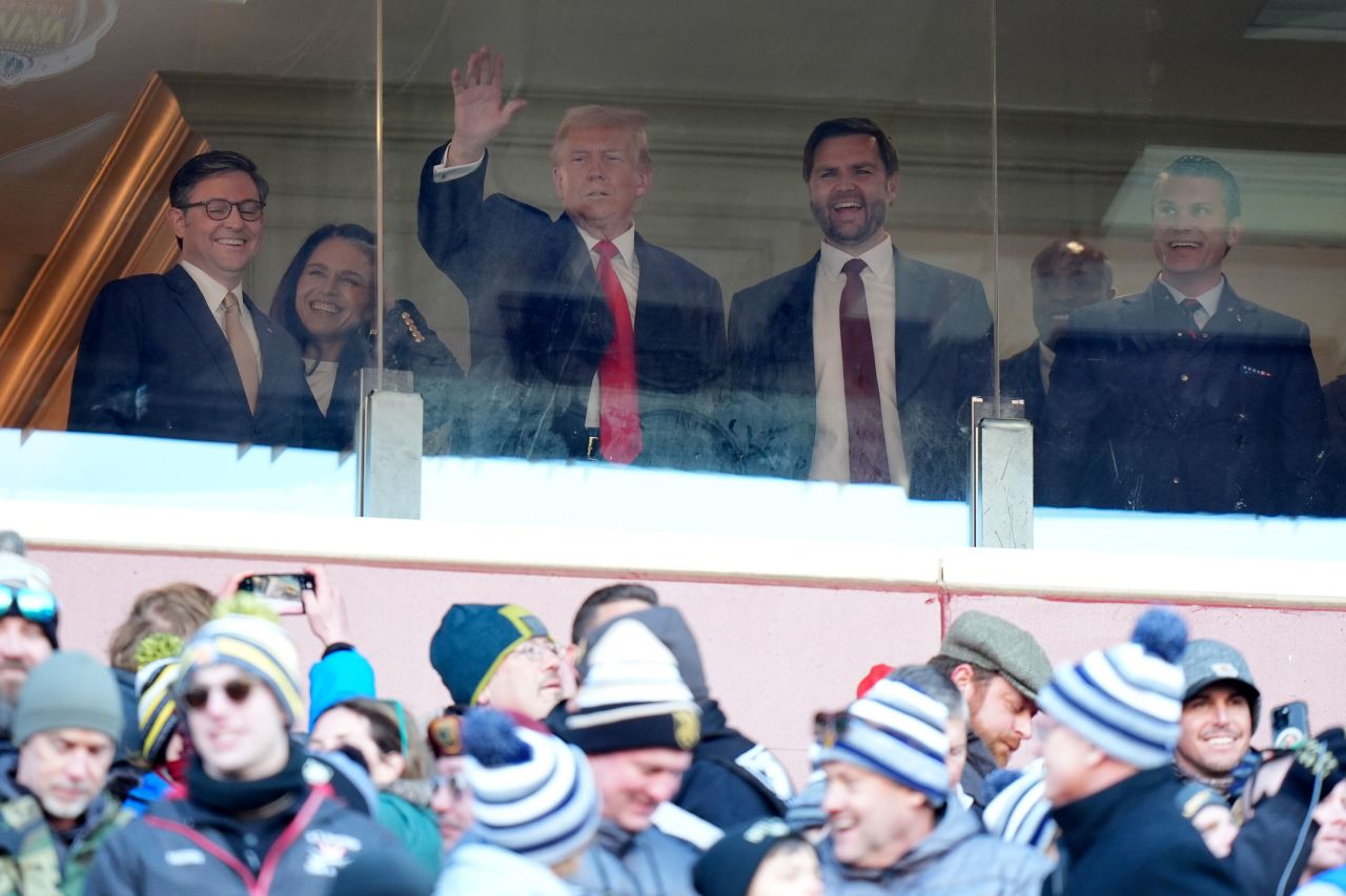 At the Army-Navy football game in Landover, Maryland, on Saturday, President-elect Donald Trump (center), House Speaker Mike Johnson, Trump's pick for Director of National Intelligence, Tulsi Gabbard, and his deputy President J.D. Vance and Secretary of Defense nominee Pete Hegseth will be present.