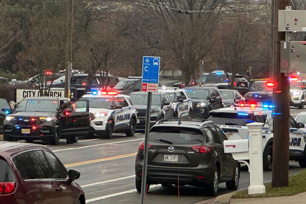 Emergency vehicles are parked outside the Abundant Life Christian School in Madison, Wisconsin, following a shooting on Monday.