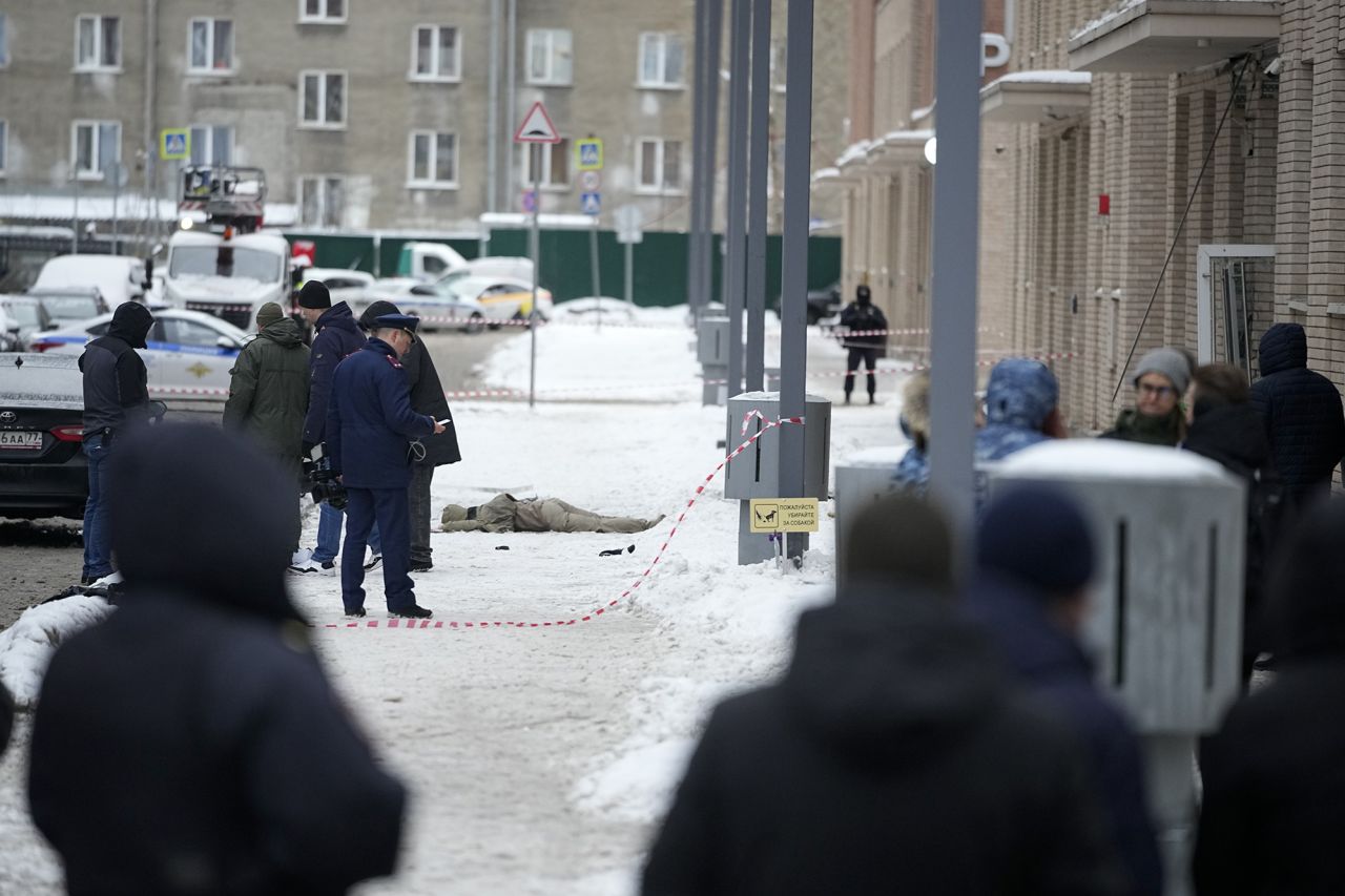 Investigators work at the site where Lieutenant General Igor Kirillov, the head of Russia's radiological, biological and chemical protection forces, was killed by an explosive device in Moscow on Tuesday.