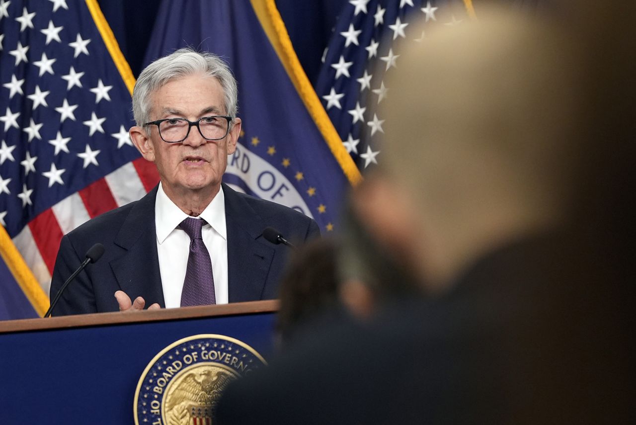 Federal Reserve Board Chairman Jerome Powell speaks during a news conference at the Federal Reserve today in Washington.