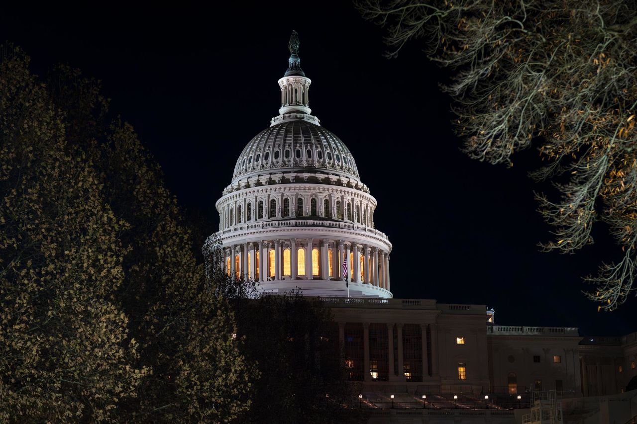 The Capitol in Washington is illuminated after the Republican-controlled House of Representatives failed to pass a temporary spending bill on Thursday, December 19, 2024. 