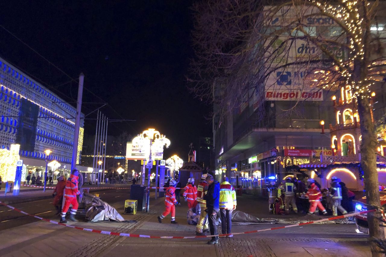 Emergency services and firefighters respond to an attack at the Christmas market in Magdeburg, Germany, on December 20.