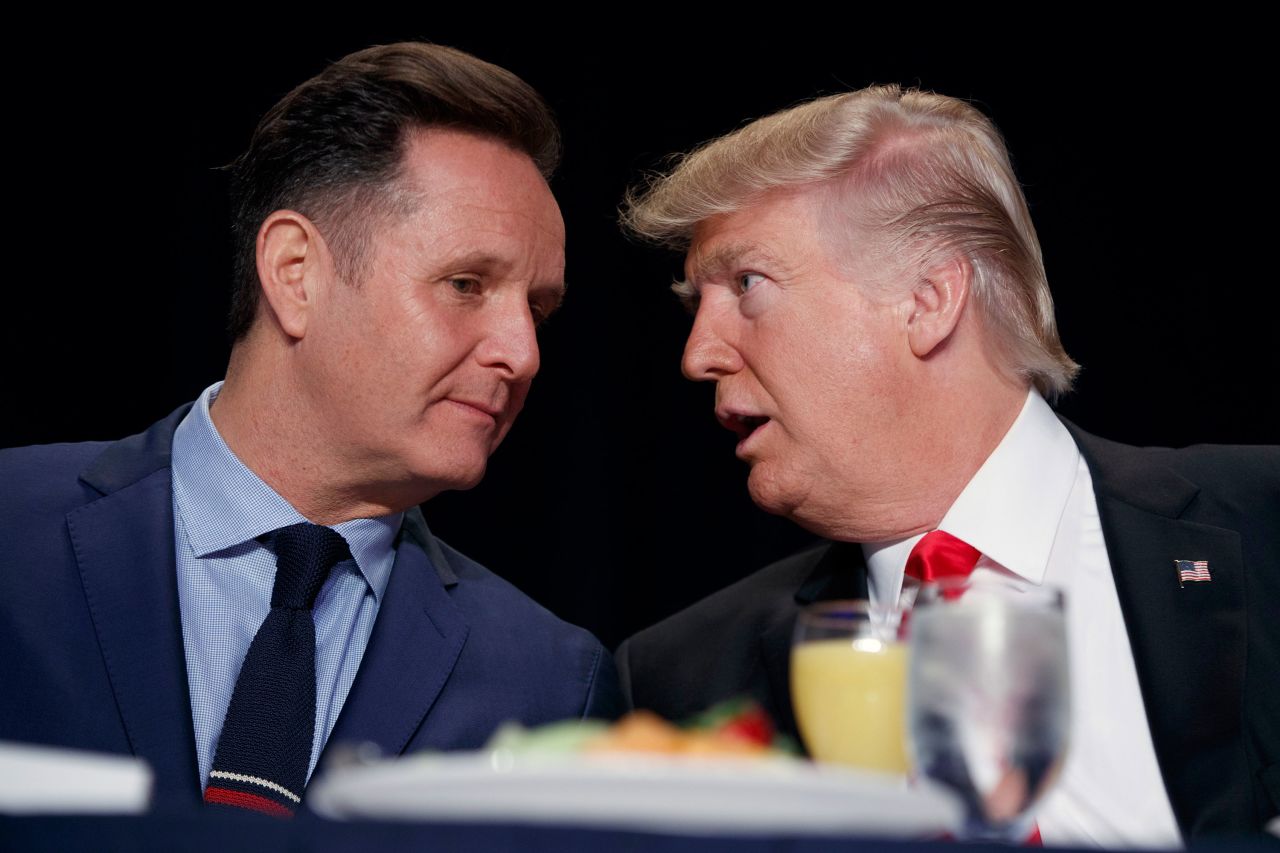 Donald Trump, right, talks with television producer Mark Burnett during the National Prayer Breakfast in Washington, DC, in 2017.