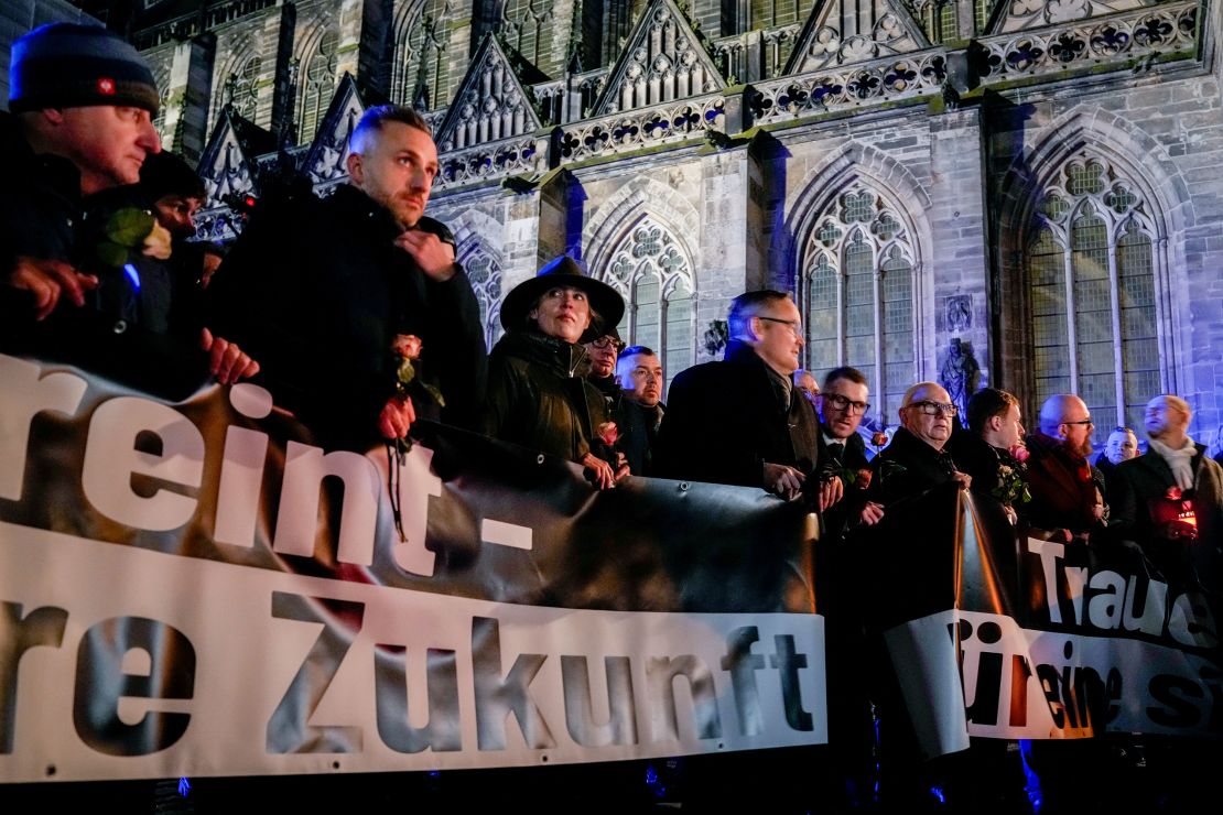 Alice Weidel (third from left), co-leader of Germany's far-right party AfD, participates in a rally in front of the cathedral in Magdeburg, Germany, on December 23, 2024.