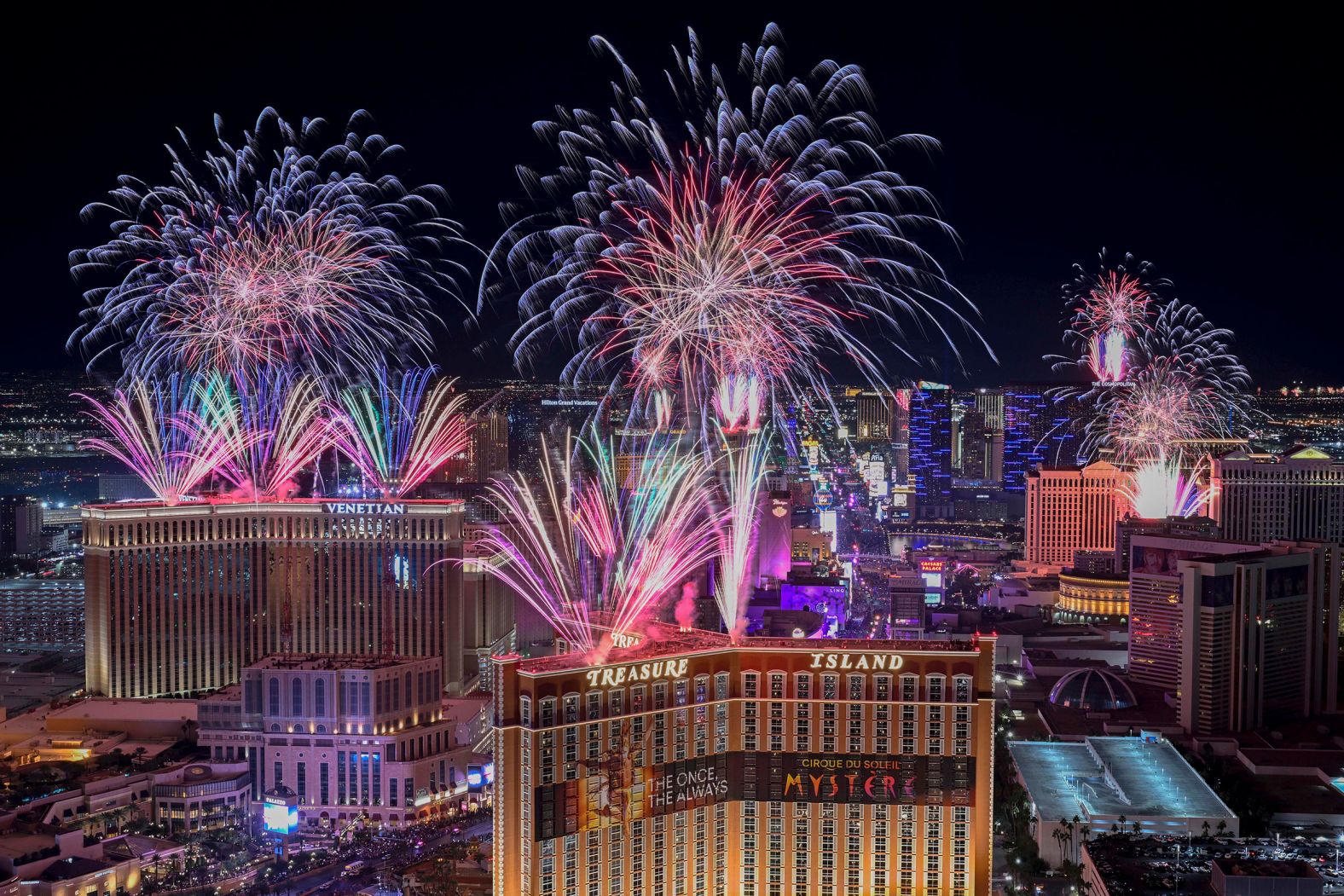 Fireworks explode over the Las Vegas Strip.