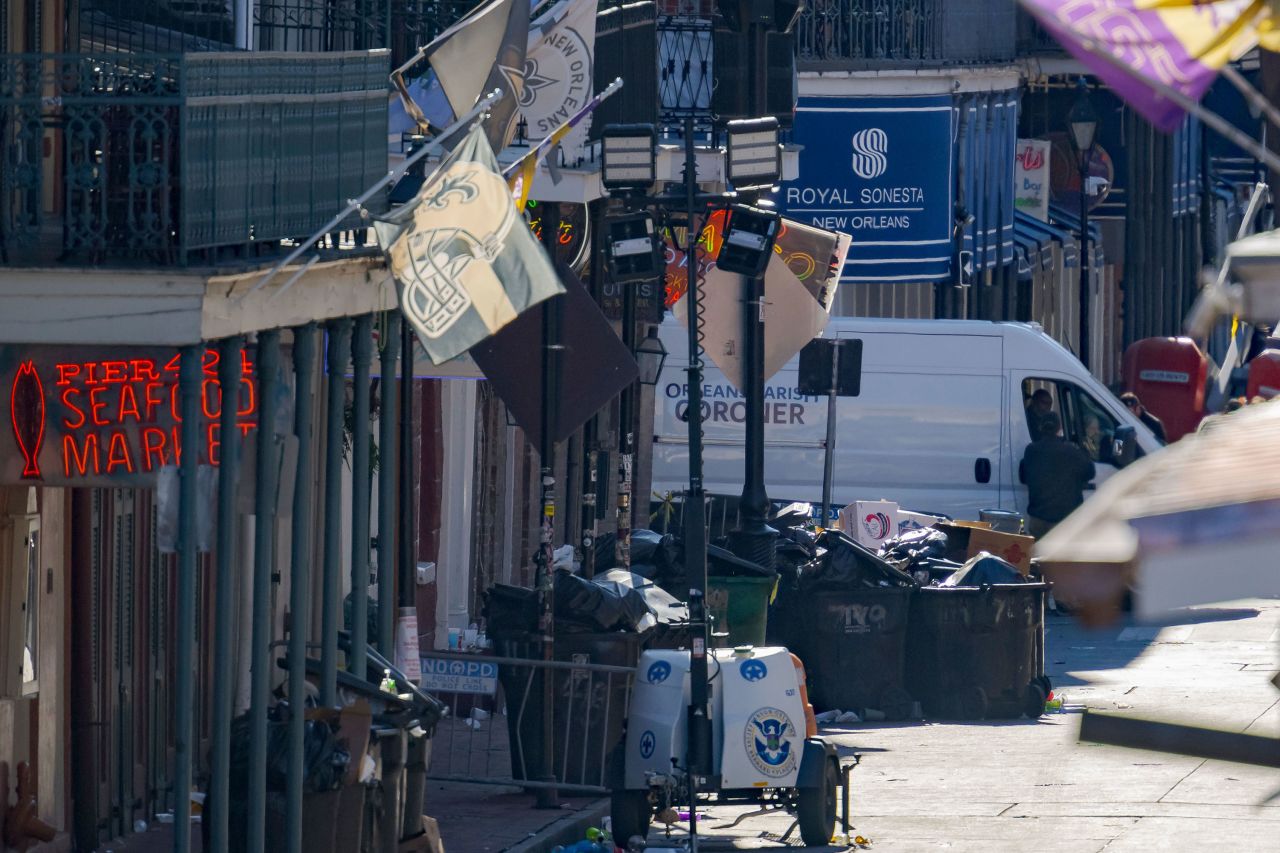 A coroner van is seen on Bourbon Street in New Orleans on January 1.