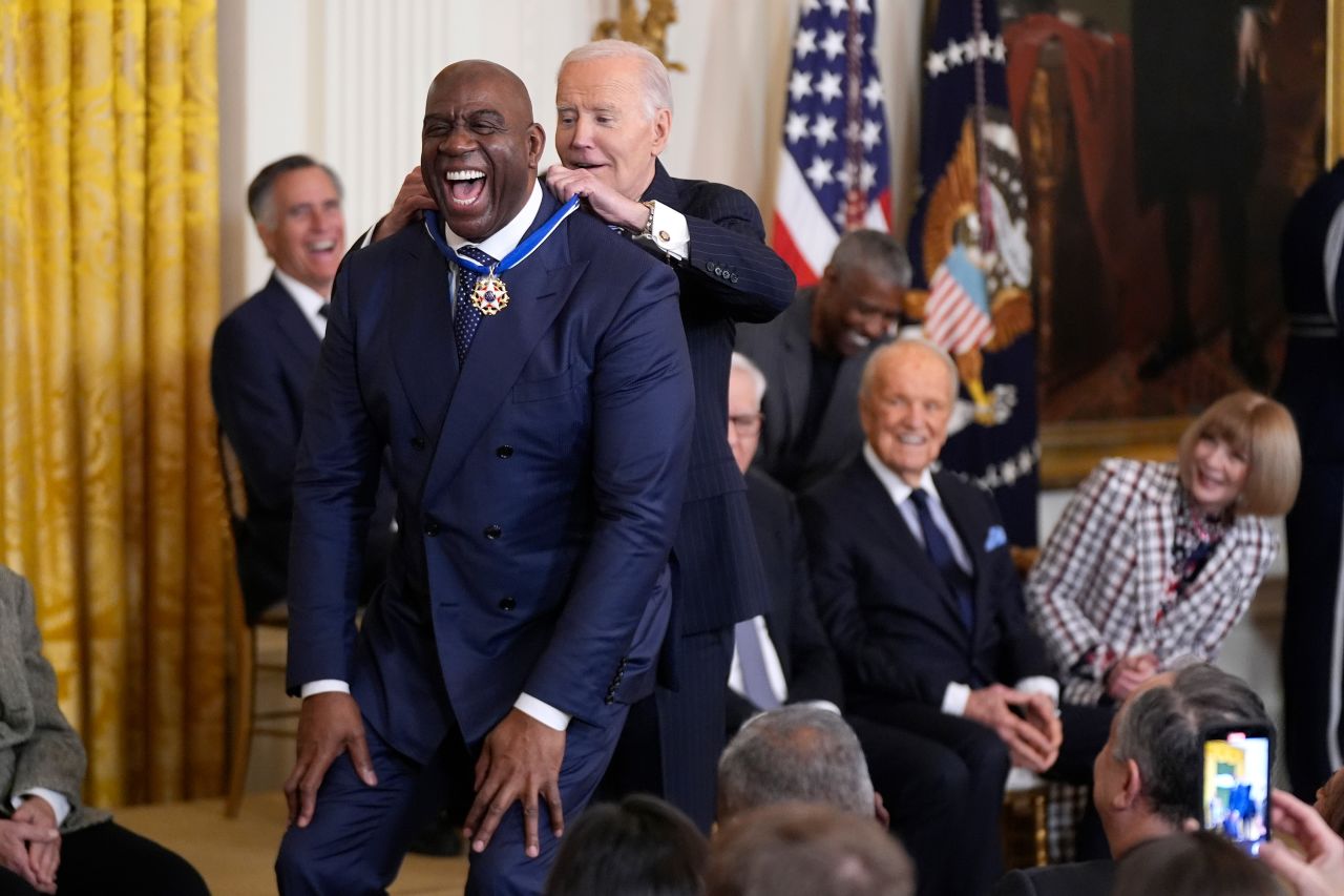 Biden presents the Presidential Medal of Freedom to Earvin "Magic" Johnson on January 4.