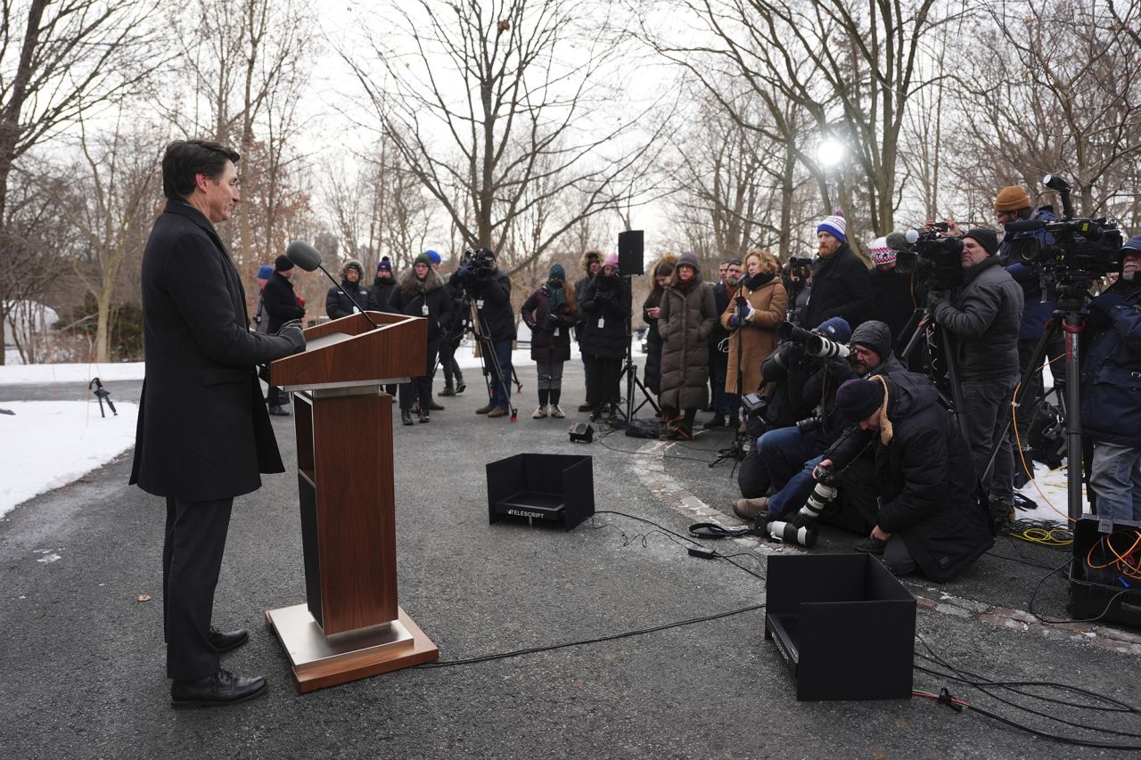 Canada Prime Minister Justin Trudeau holds a press conference outside Rideau Cottage in Ottawa, Canada, on January 6