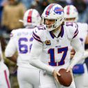 Buffalo Bills quarterback Josh Allen (17) takes a snap prior to an NFL football game against the New England Patriots, Sunday, Jan. 5, 2025, in Foxborough, Mass. (AP Photo/Greg M. Cooper)