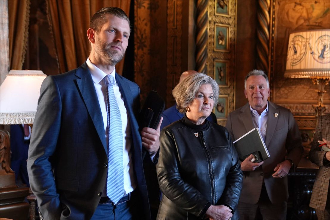 From left: Eric Trump, Susie Wiles, and Steve Witkoff listen to President-elect Donald Trump speak during a press conference at Mar-a-Lago in Palm Beach, Florida, on January 7, 2025.