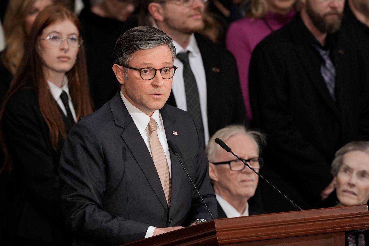 House Speaker Mike Johnson speaks during a ceremony for former President Jimmy Carter as Carter lies in state at the US Capitol, on January 7.