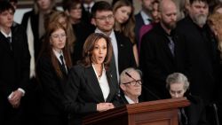 Vice President Kamala Harris speaks during a ceremony for former President Jimmy Carter as Carter lies in state at the U.S. Capitol, Tuesday, Jan. 7, 2025, in Washington. Carter died Dec. 29, at the age of 100.