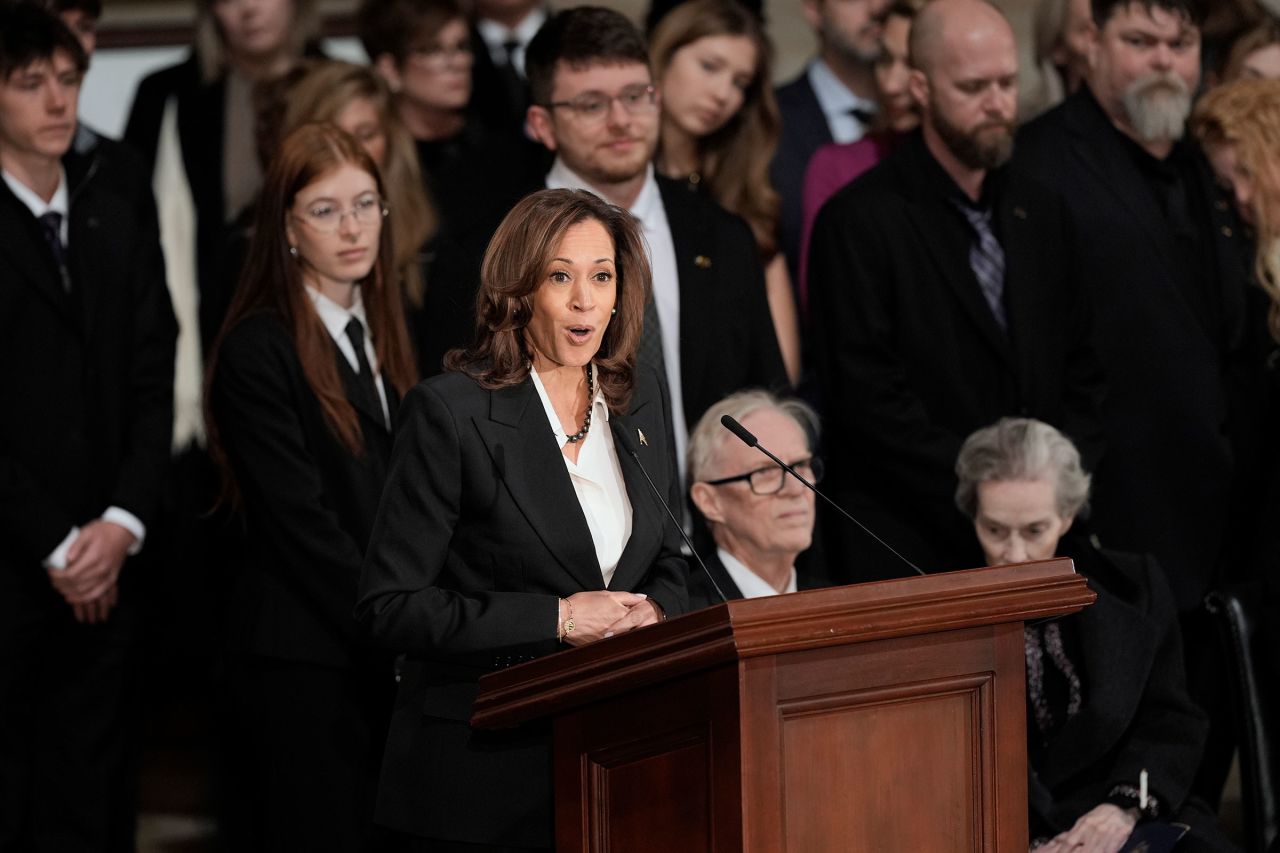 Vice President Kamala Harris speaks during a ceremony for former President Jimmy Carter as Carter lies in state at the US Capitol, on January 7.