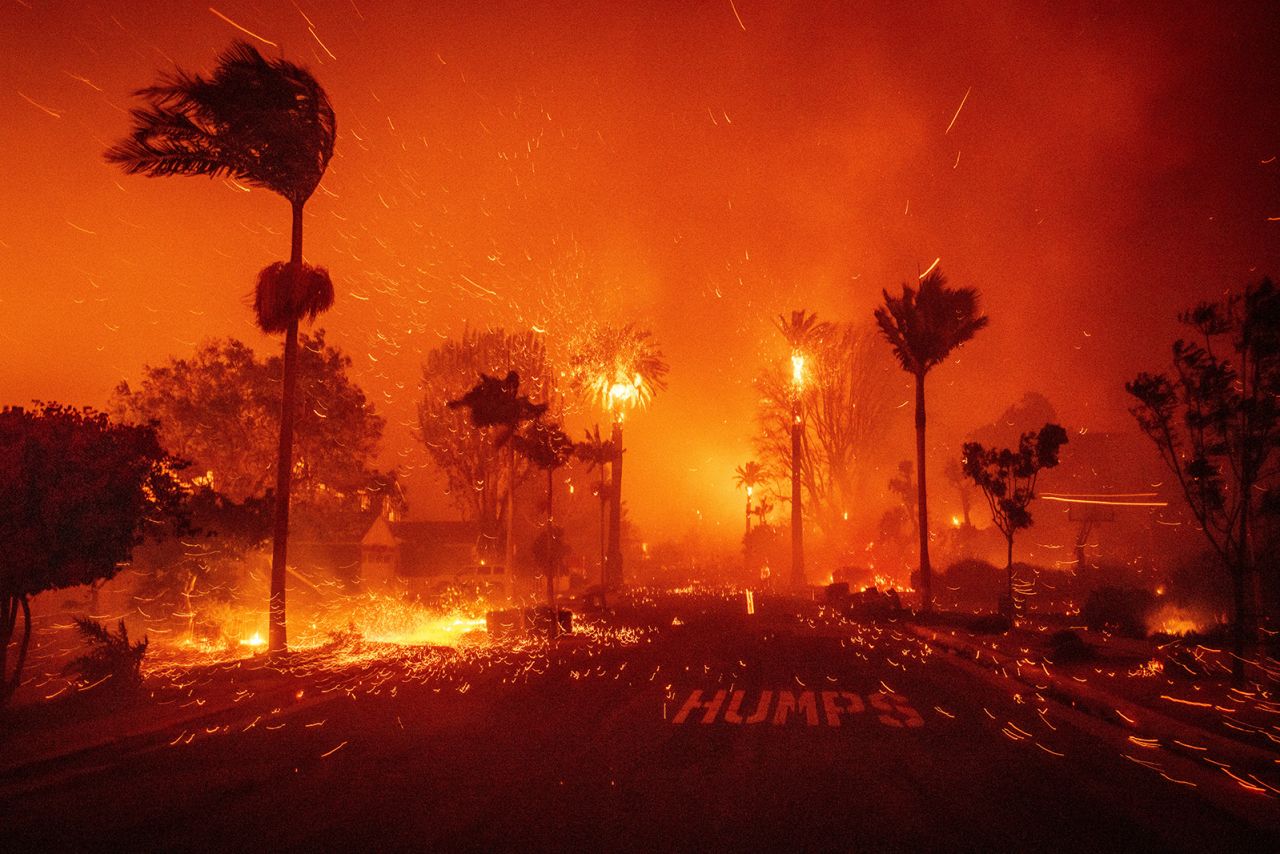 The Palisades Fire ravages a neighbourhood amid high winds in Los Angeles, on January 7, 2025.