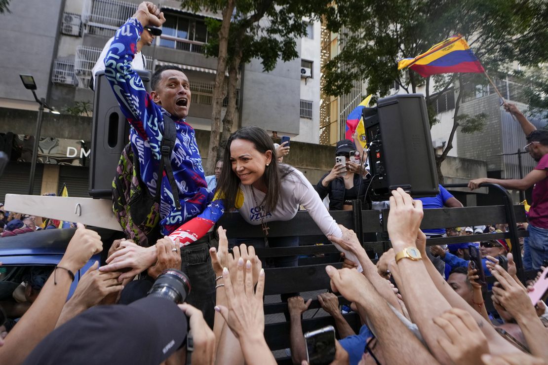 Opposition ‍leader Maria Corina Machado‌ greets ⁢supporters ​during ⁤a protest against Venezuelan president Nicolas Maduro the day before his inauguration for⁢ a third term in Caracas, Venezuela, ⁢on January 9.