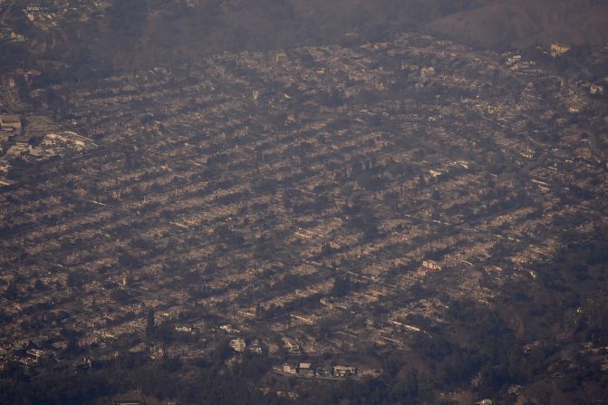 Devastation from the Palisades Fire can be seen from the air.