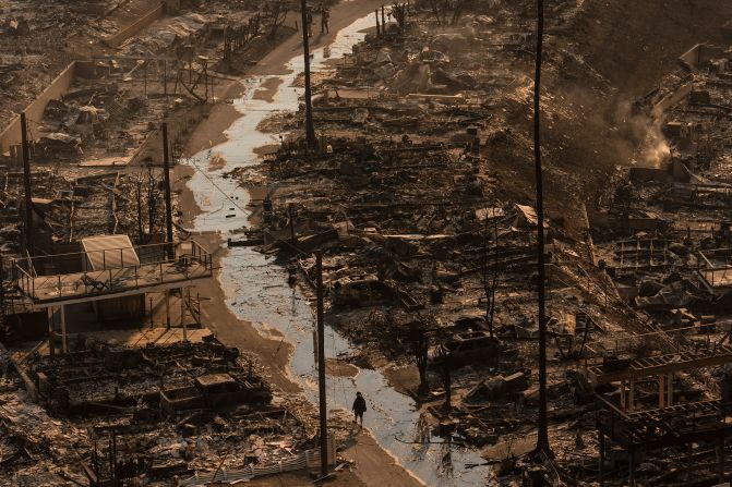 A person walks amid destruction in the Pacific Palisades neighborhood.