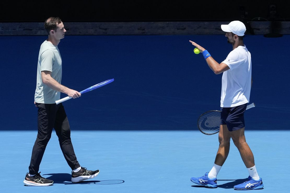 Djokovic and Murray speak at a practice session at the Australian Open.