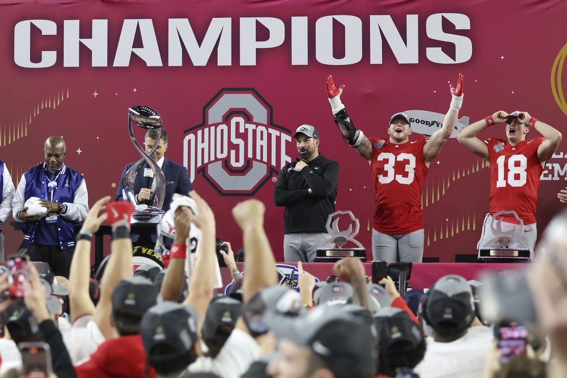 Ryan Day had defensive end Jack Sawyer, middle right, to thank for the Cotton Bowl's game-defining play.