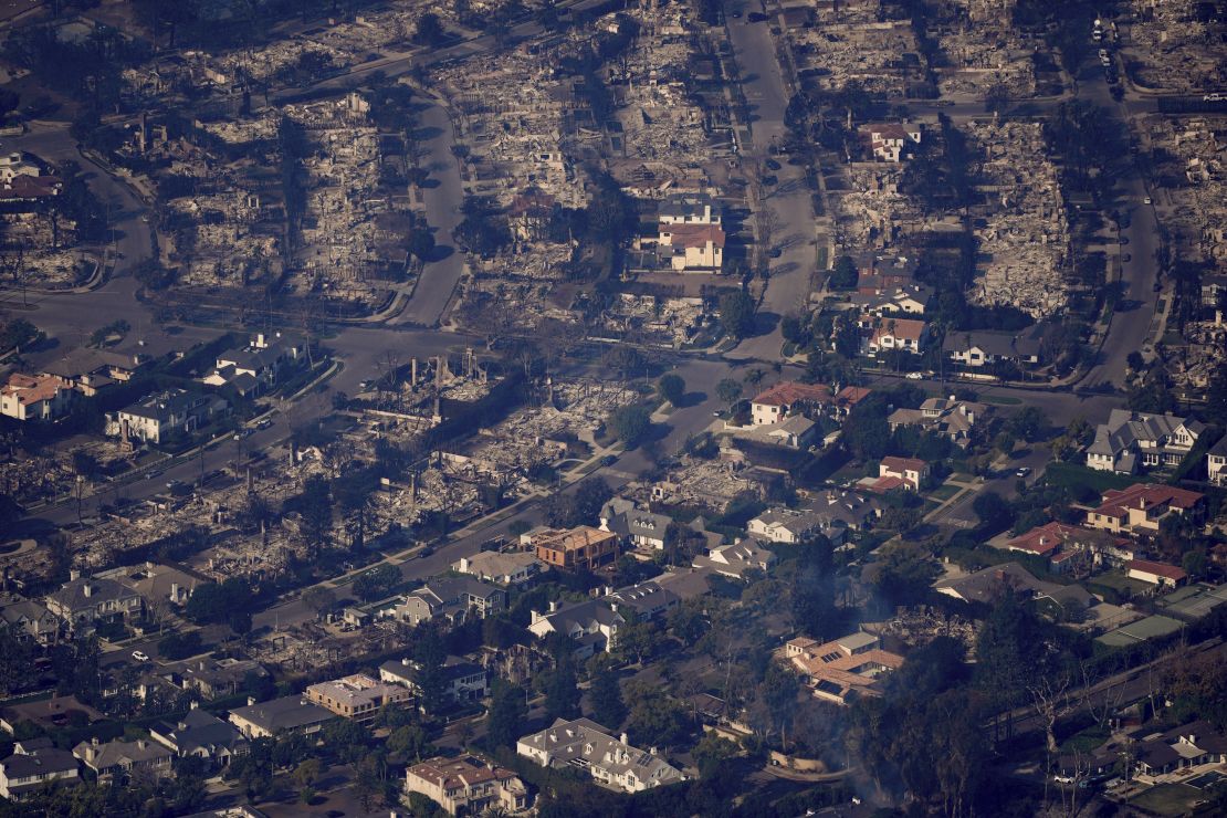 The destruction from the Palisades fire is visible in the Pacific Palisades neighborhood of Los Angeles, January 9, 2025. (AP Photo/Mark J. Terrill)