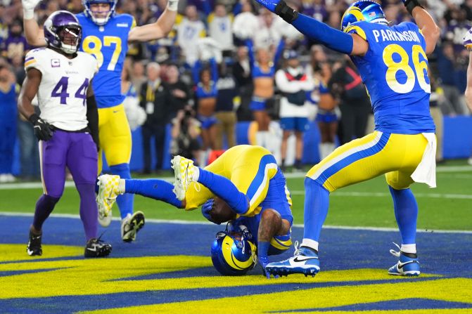 Los Angeles Rams running back Kyren Williams catches a five-yard touchdown reception in the first half of a wild-card game against the Minnesota Vikings in Glendale, Arizona, on Monday, January 13. The game was moved from SoFi Stadium in Inglewood, California, to State Farm Stadium in Glendale, the home of the Arizona Cardinals, due to the threat of ongoing deadly <a href="index.php?page=&url=https%3A%2F%2Fwww.cnn.com%2F2025%2F01%2F13%2Fus%2Fwhen-wildfires-los-angeles-end%2Findex.html">wildfires</a> in Southern California. The Rams won 27-9<strong> </strong>and will play the Philadelphia Eagles on Saturday.