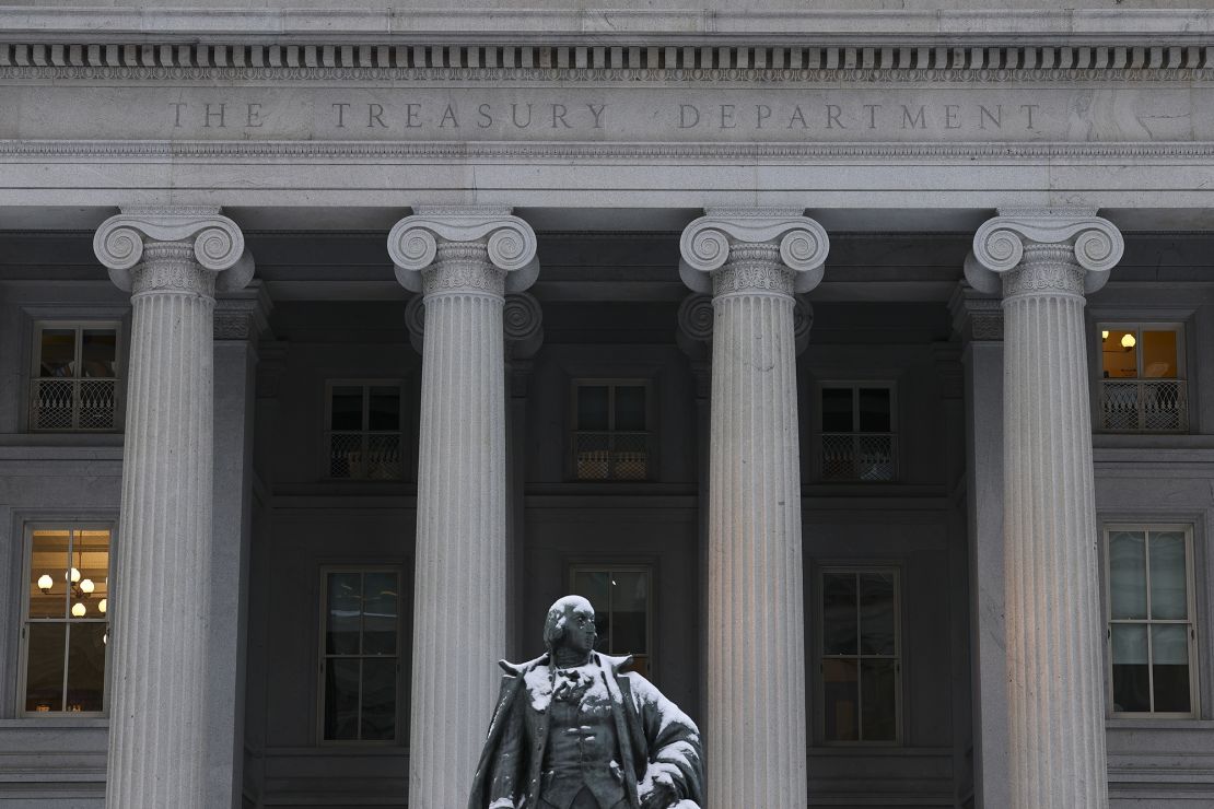 Signage on the exterior of the U.S. Department of the Treasury building, Saturday, Jan. 11, 2025, in Washington.