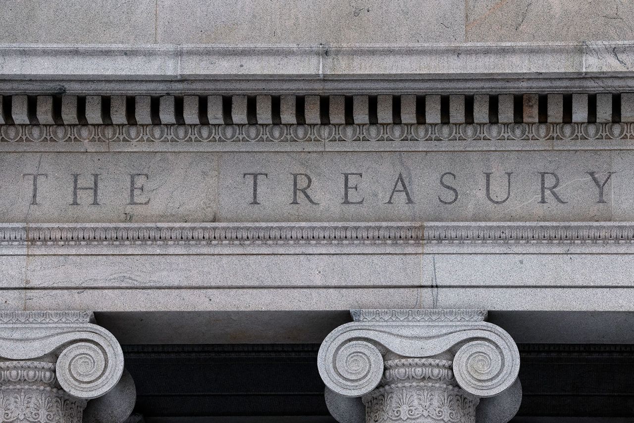 Signage on the exterior of the US Department of the Treasury building on January 11, in Washington, DC.