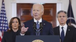 President Joe Biden, center, with Vice President Kamala Harris, left, and Sec. of State Anthony Blinken, right, speaks in the Cross Hall of the White House on the announcement of a ceasefire deal in Gaza and the release of dozens of hostages after more than 15 months of war, Wednesday, Jan. 15, 2025, in Washington. (AP Photo/Evan Vucci)