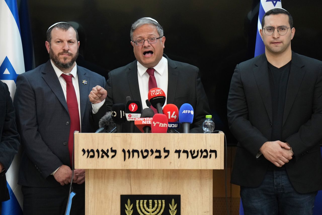 From left, Minister of Heritage Amichai Eliyahu, Minister of National Security Itamar Ben Gvir and Minister of the Negev, Galilee and National Resilience Yitzhak Wasserlauf hold a press conference in Jerusalem on Thursday.