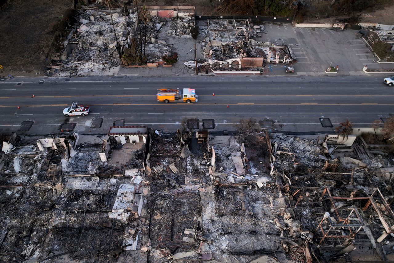 An aerial view shows the devastation by the Palisades Fire in Malibu, California, on Thursday.