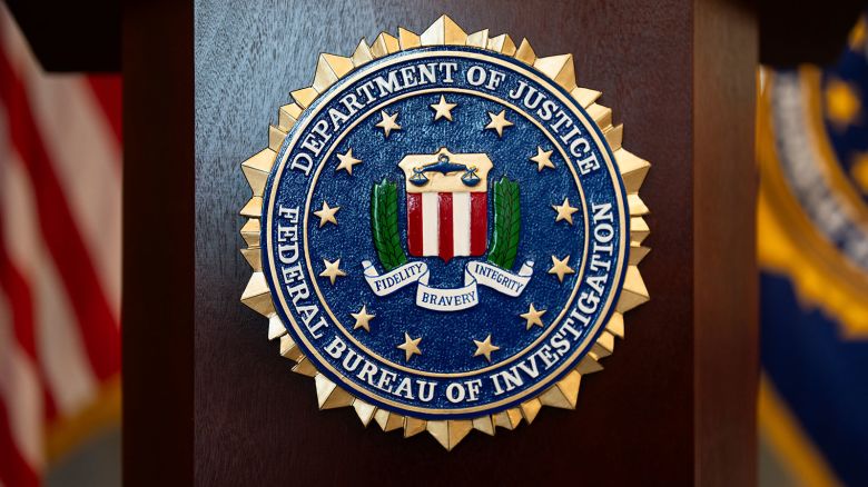 An FBI seal is displayed on a podium before a news conference at the field office in Portland, Oregon, on January 16, 2025.