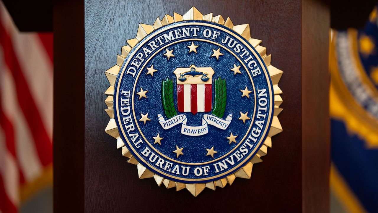 FBI seal is displayed on a podium before a news conference at the field office in Portland, Ore., on Jan. 16, 2025.