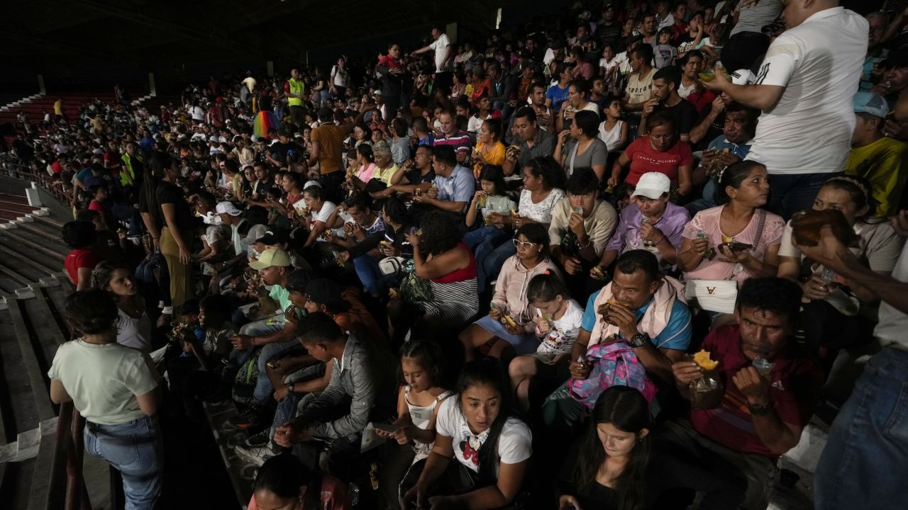 People displaced by violence in towns across the Catatumbo region take shelter at a soccer stadium in Cúcuta, Colombia, Sunday, Jan. 19, 2025.